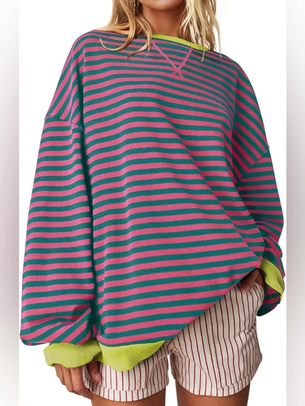 UEU Oversized Striped Crewneck Long Sleeve Color Block Pullover
Sweatshirt - Picture 5 of 11